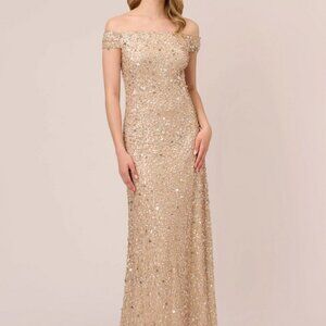 Adrianna Papell Off the Shoulder Sequin Beaded Gown - Champagne - Size 10